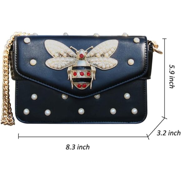 Designer Bee Purse Black PU Leather Crossbody Bag with Pearl, Versatile Carrying - Picture 5 of 6